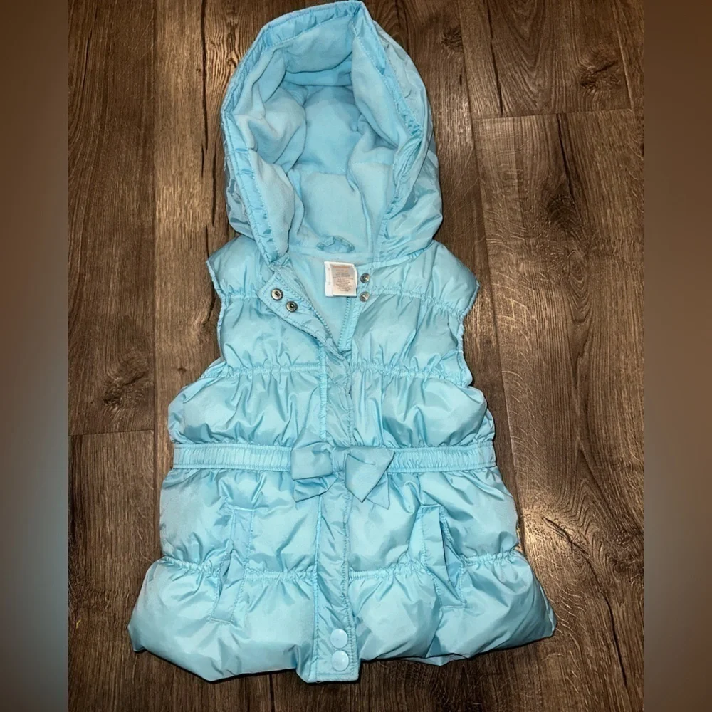 Gymboree Winter Cheer Aqua Blue Bow Girls Hooded Puffer Vest M 7 8 Fleece Lined